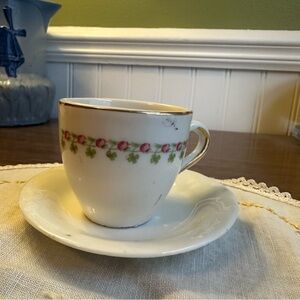 Antique Rose and Clover Transferware Gold Rim Small Cup and Saucer Set Unmarked